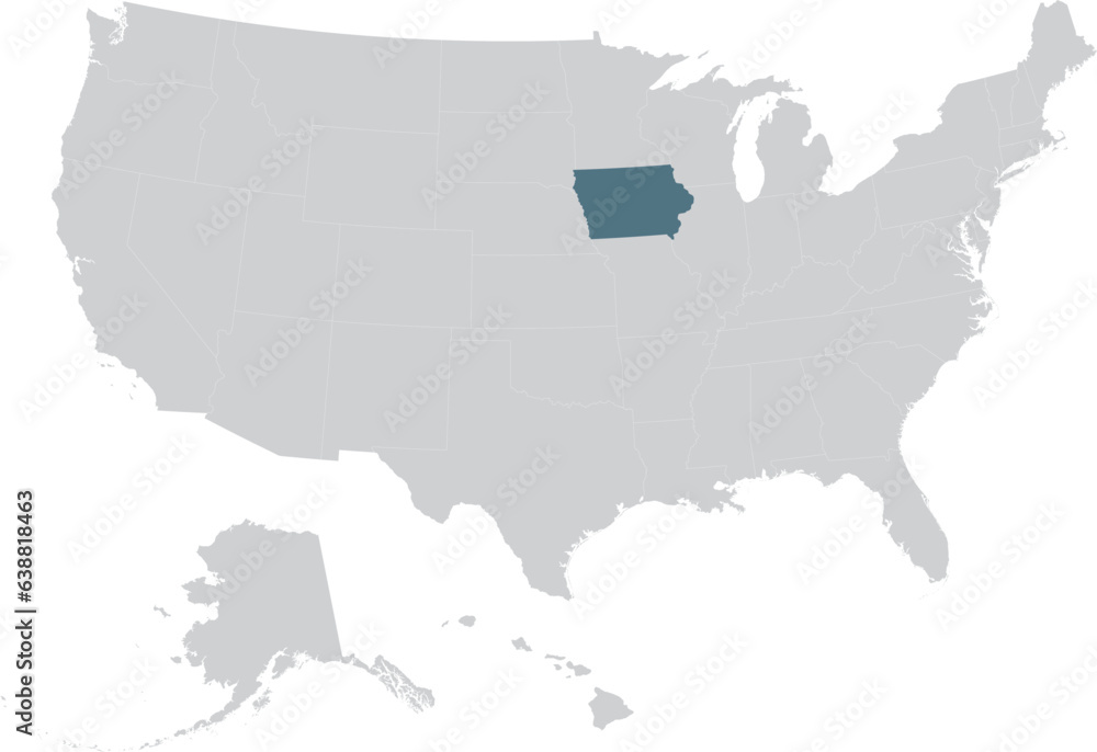 Blue Map of US federal state of Iowa within gray map of United States of America