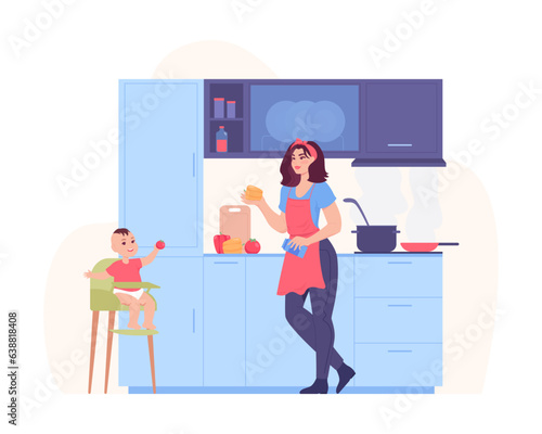 Happy mother cooking meal at kitchen vector illustration. Woman doing domestic tasks with baby in high chair  cooking utensils and ingredients around. Home life  child care  parenting concept