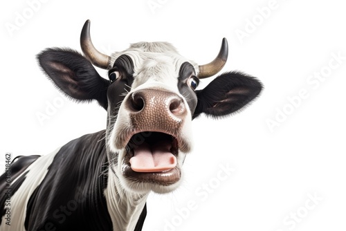 Photographie Surprised cow with goofy face mooing and looking at camera, isolated on white background