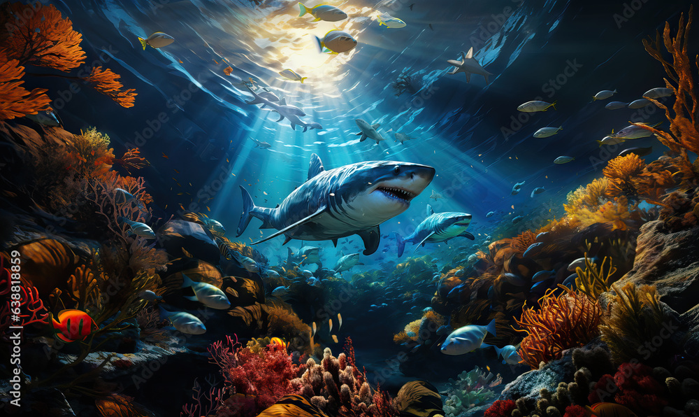 Fototapeta premium Underwater world, close-up shark swims at depth.