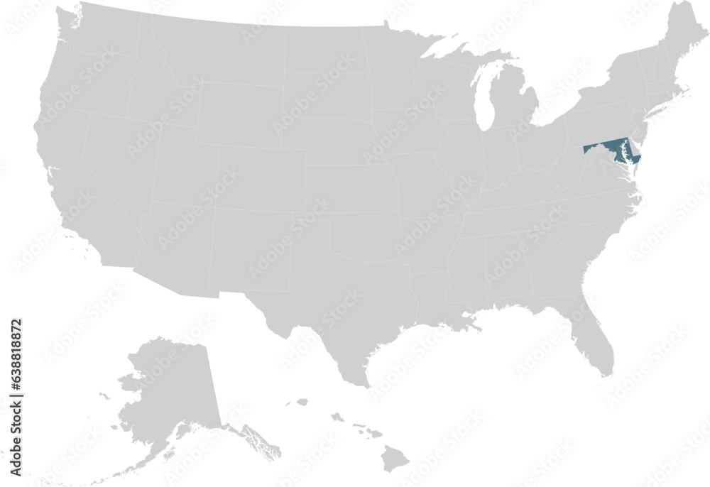 Blue Map of US federal state of Maryland within gray map of United States of America