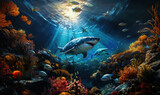 Underwater world, close-up shark swims at depth.
