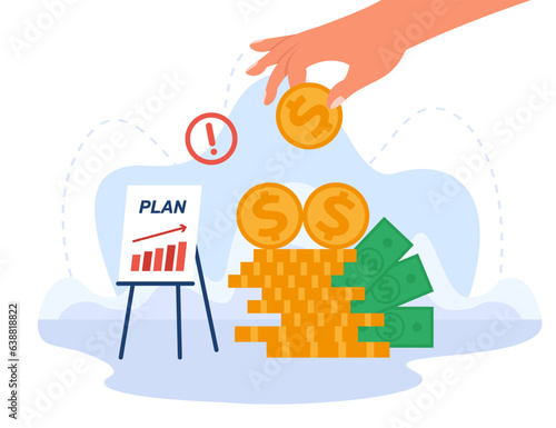 Hand putting coin in pile of money vector illustration. Financial plan rising chart, investing more money in startup to get more profit. Challenge and risks, business strategy concept