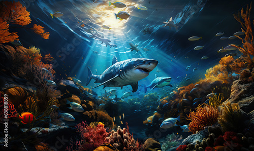Underwater world, close-up shark swims at depth.