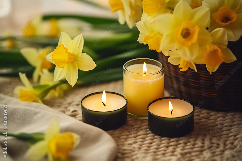 Candles with daffodils in a home interior Candles with daffodils in a home interior