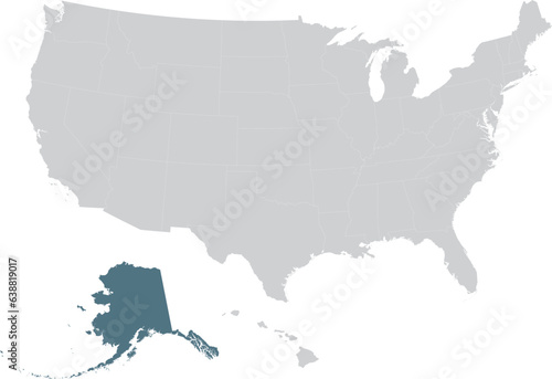 Blue Map of US federal state of Alaska within gray map of United States of America