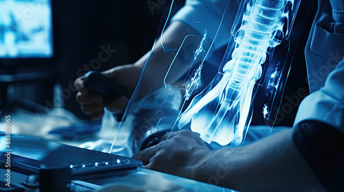 Orthopedic surgeon doctor examining patient's knee joint x-ray films, MRI bone, CT scan in at radiology orthopedic unit, hospital background. knee joint film x ray, Generative Ai