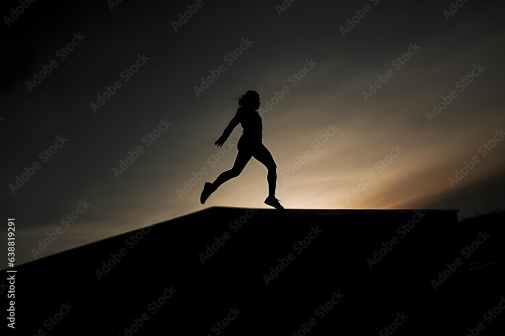 Silhouette of an athlete woman running towards the sunlight at dawn. Spirit and symbol of the Olympic sports movement Silhouette of an athlete woman running towards the sunlight at dawn. Spirit and symbol of the Olympic sports movement