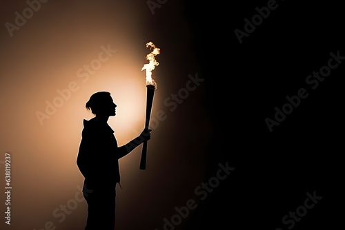 Silhouette of torchbearer athlete standing with Olympic torch at sunset with copyspace on black background photo