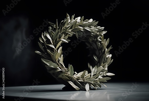 Kotinos olive wreath it is prize for Olympic Games winner at ancient Greece. Crown with laurel leaves on pedestal. photo