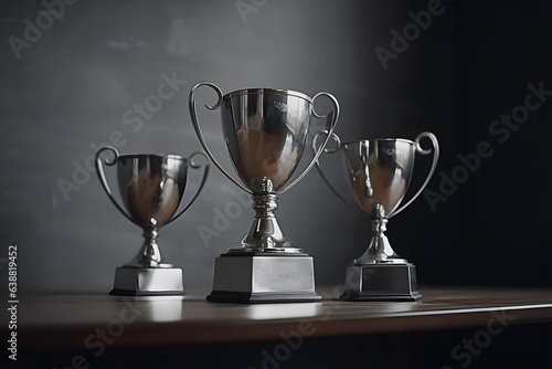 Shiny winner cups stands on pedestal for winning celebration. Victory and success.