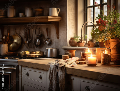 Foto Rural cottage style kitchen filled with natural light and candlelight in wooden finishes