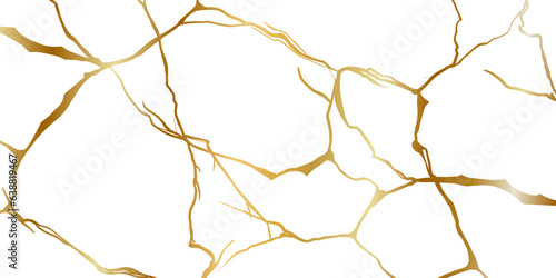 Gold kintsugi repair cracks background texture vector illustration isolated on white background. Broken foil marble pattern with golden dry cracks. Wedding card, cover or print pattern Japanese motif.