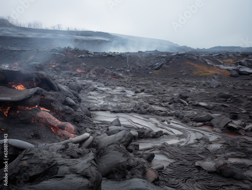 Flowing lava after volcano eruption