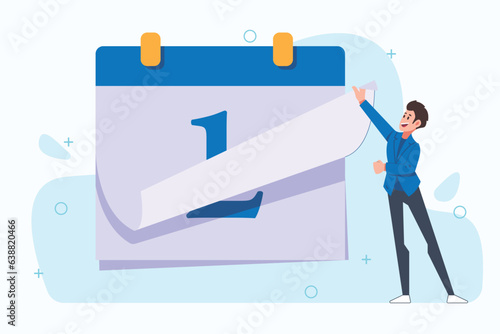 businessman checking the schedule on the calendar, illustration of a businessman opening a calendar, illustration of a calendar