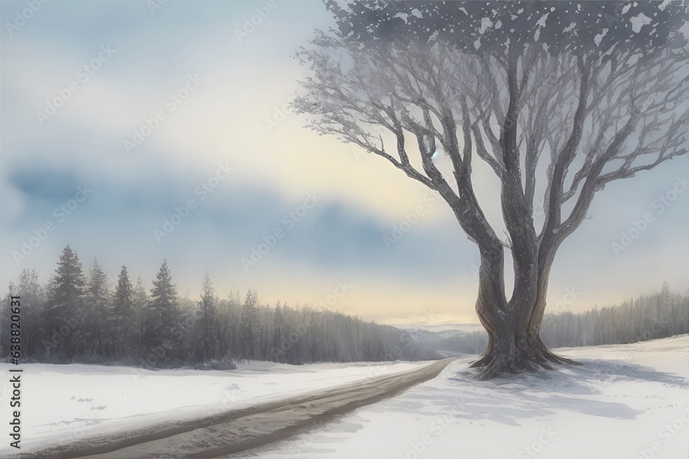 Snow road in country side. AI generated illustration Snow road in country side. AI generated illustration