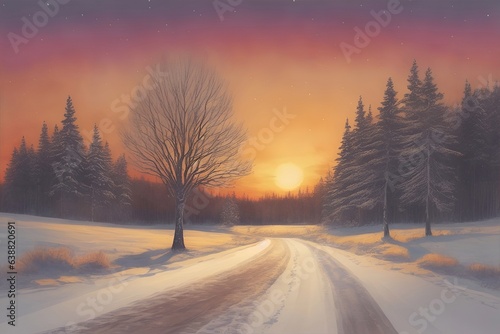 Snow road in country side. AI generated illustration © vector_master