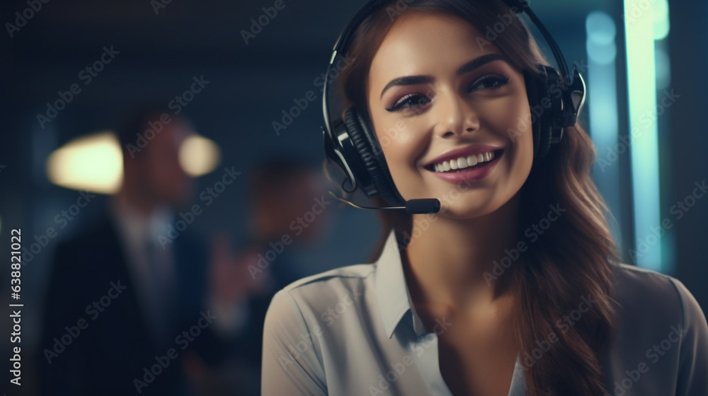 Call center, woman and working in team office with headset, computer and online customer support with generative Ai Call center, woman and working in team office with headset, computer and online customer support with generative Ai