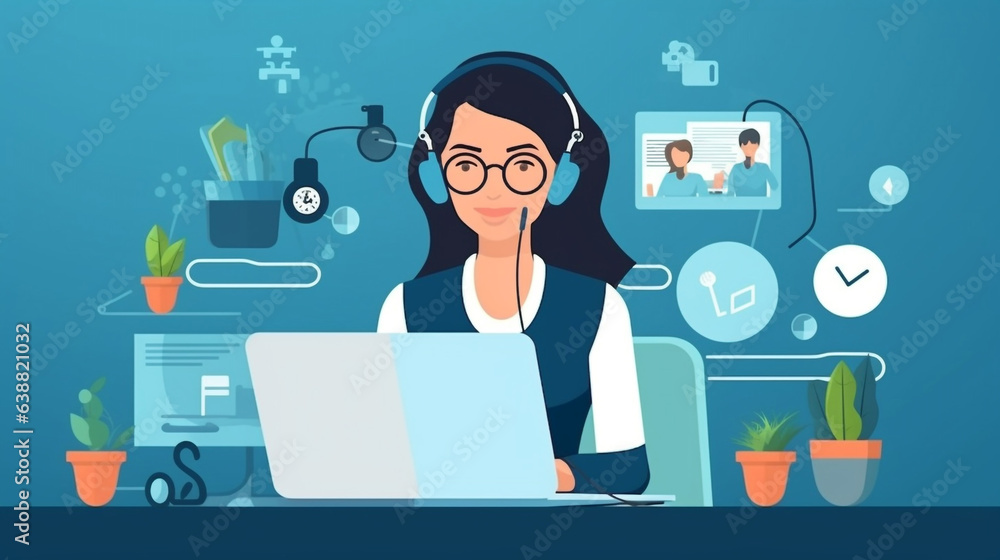Call center, woman and working in team office with headset, computer and online customer support with generative Ai Call center, woman and working in team office with headset, computer and online customer support with generative Ai