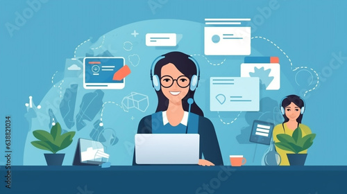 Call center, woman and working in team office with headset, computer and online customer support with generative Ai © GraphyPix