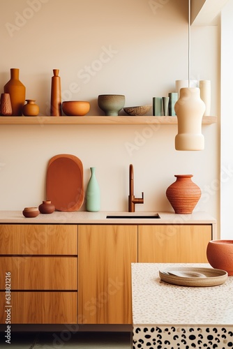 This luxurious yet minimal kitchen interior design features a ceramic countertop, cabinetry, drawers, shelves, and furniture, creating a warm and inviting atmosphere with its earthenware pottery