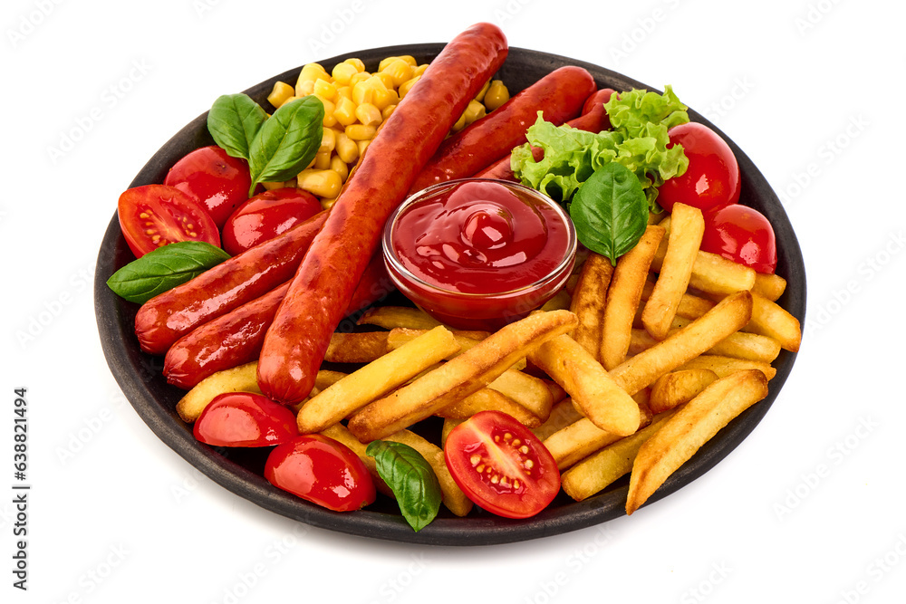 BBQ Roasted pork sausages with french fries, close-up, isolated on white background. BBQ Roasted pork sausages with french fries, close-up, isolated on white background.