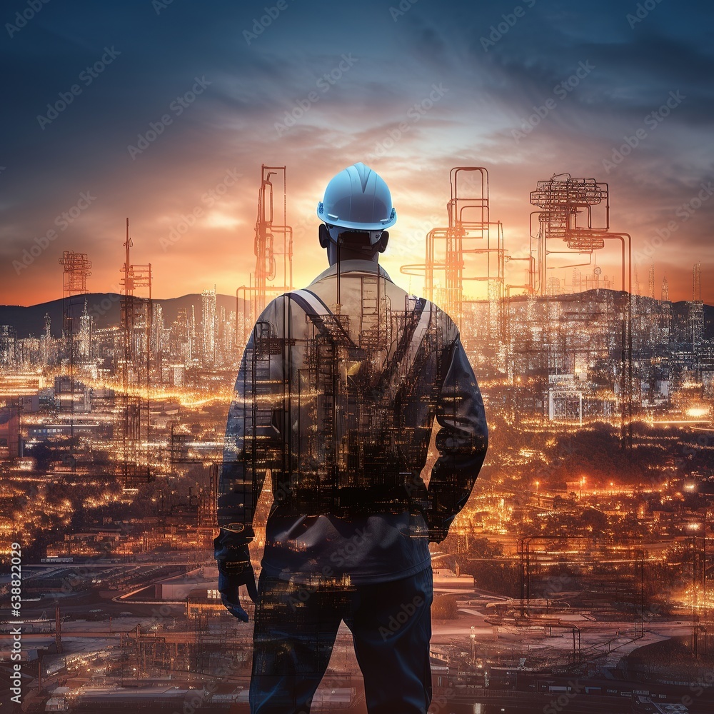 Builder in helmet against the backdrop of industrial city. Generative AI Builder in helmet against the backdrop of industrial city. Generative AI