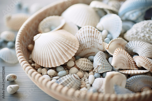 Intricate beauty of seashells souvenir collection. The varied shapes and textures of the shells against a rustic wood background are a testament to the wonders of the sea.