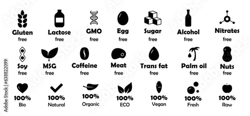 Set of ingredient free labels for product and food. Allergen free icons. Dietary restrictions icon collection. Free of sugar, lactose, alcohol, soy, nitrates, nuts