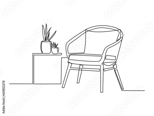 Continuous one line drawing of armchair and with potted plants. Scandinavian stylish furniture in simple linear style. Vector illustration
