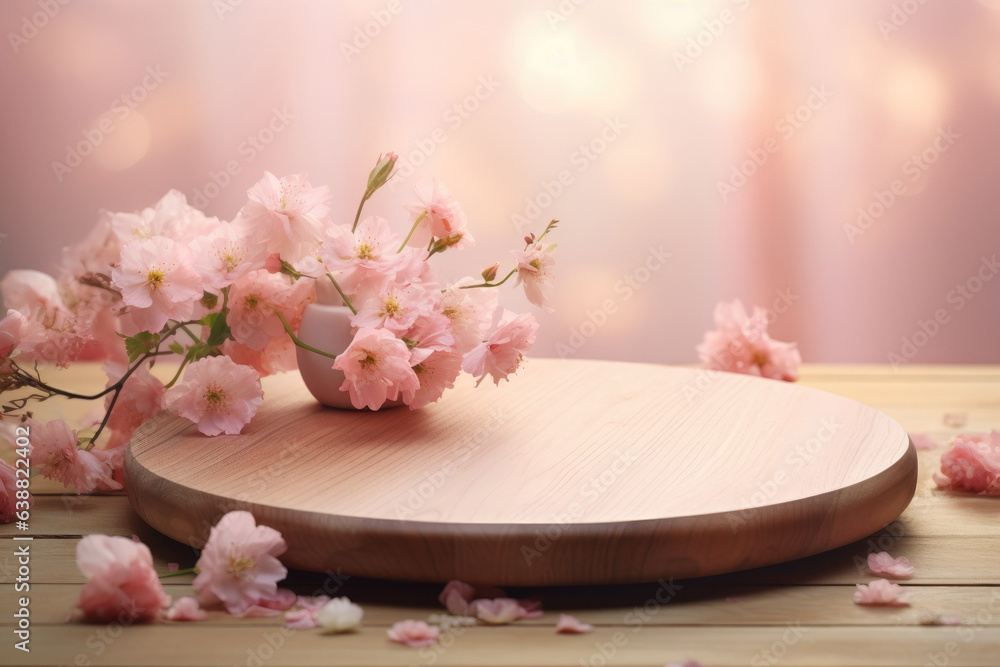 Circular wooden empty podium for presentation or advertising, Background with blurred flowers and scattered petals space, Concept of scene stage for natural products or promotion