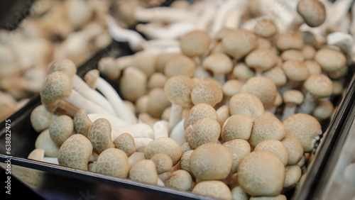 Brown beech mushrooms or White Shimeji mushroom on display in supermarket or groceries. photo