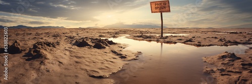 A perilous patch of quicksand, its deceptive appearance hiding its dangers, a nearby warning sign indicating the risk.