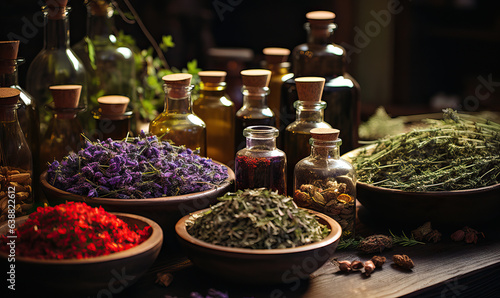 Aromatherapy, herbs, flowers and bottles of essential oil on a wooden background.