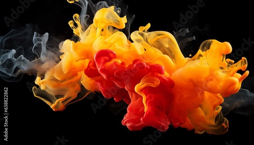 Acrylic red and yellow colors in water, smoke background, Colorful smoke