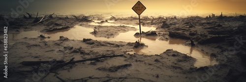A perilous patch of quicksand, its deceptive appearance hiding its dangers, a nearby warning sign indicating the risk.
