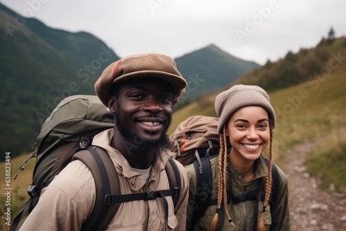 couple, hike and portrait smile with happy black people outdoor in nature for adventure