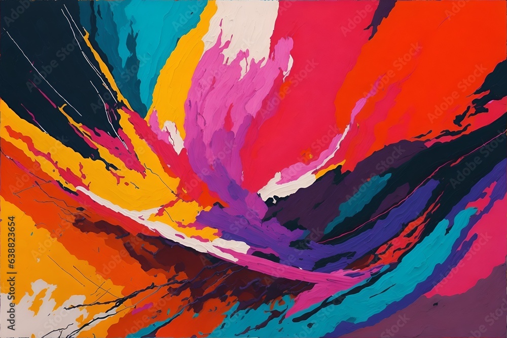 Photo of a vibrant and dynamic abstract painting with a multitude of colors and shapes
