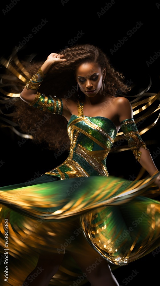 mesmerizing movement of a Brazilian Samba dancer, her vibrant sequined outfit leaving a radiant trail of green and gold hues against a dimly lit backdrop mesmerizing movement of a Brazilian Samba dancer, her vibrant sequined outfit leaving a radiant trail of green and gold hues against a dimly lit backdrop