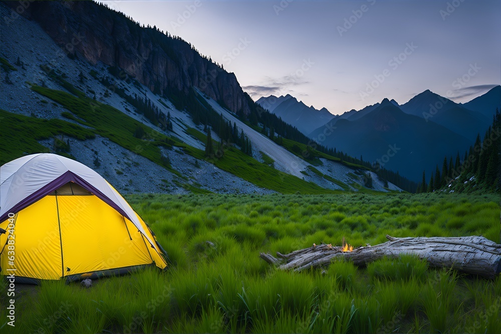 Photo of a vibrant yellow and white tent nestled in a lush green grassy field