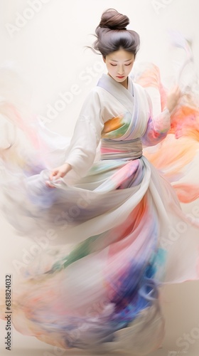 poetic movement of a Japanese Geisha performing a traditional dance. The flowing white and pastel hues of her kimono morph into a gentle cascade of colors against a minimalist backdrop