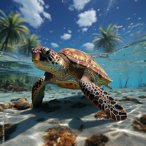 Sea turtle swims in a shallow lagoon over coral, ai generated