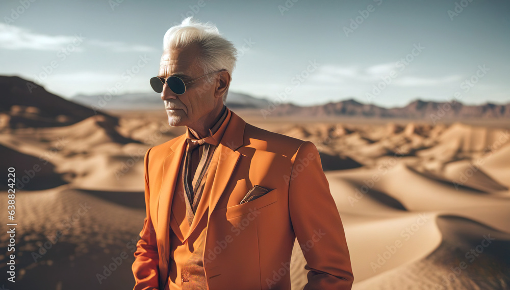 A high-fashion photo featuring an old male model in orange outfit avant-garde futuristic design. Desert landscape as a background.