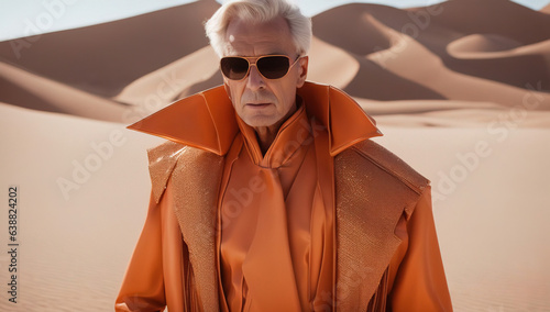 A high-fashion photo featuring an old male model in orange outfit avant-garde futuristic design. Desert landscape as a background.