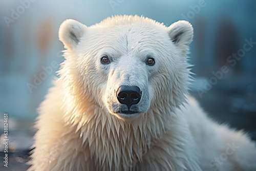 Close-up of polar bear, large furry predator looking at camera in north outdoors. Wild animal