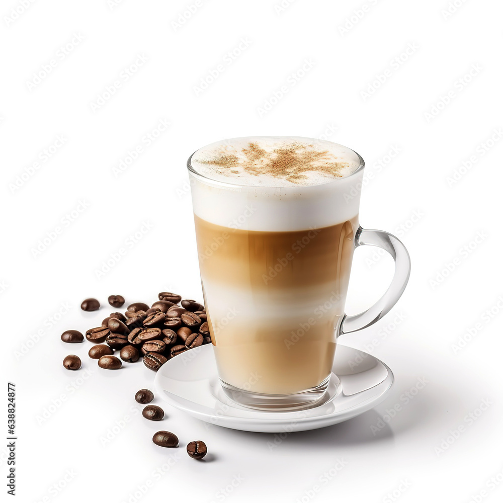 Obraz premium A large transparent glass filled with Latte. Advertisement of coffee shop. Cappuccino on a white background close-up. Roasted coffee beans. Photo for the menu. 