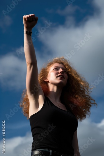 a young woman with her fist raised in the air against a sky background