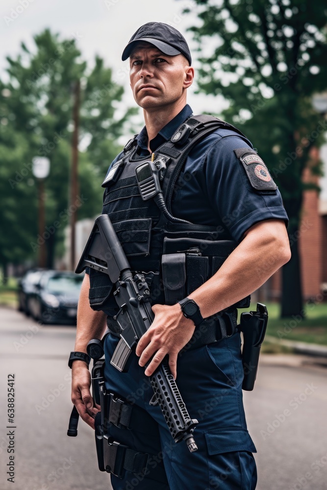 shot of a police officer holding his gun while standing outside shot of a police officer holding his gun while standing outside