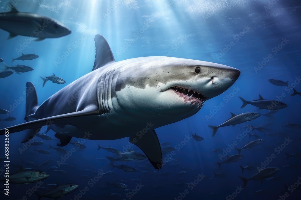 Great white shark underwater view. Shark swimming with fish in blue water sea or ocean. Great white shark underwater view. Shark swimming with fish in blue water sea or ocean.