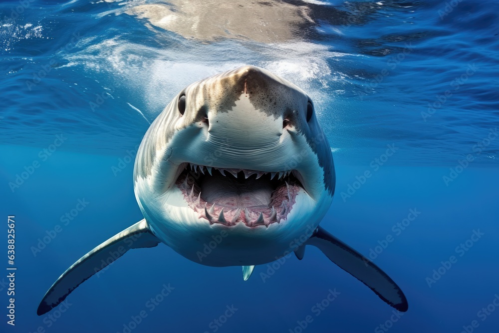 Obraz premium Great white shark underwater view. Shark swimming with scary smile in blue water sea or ocean. Front view.